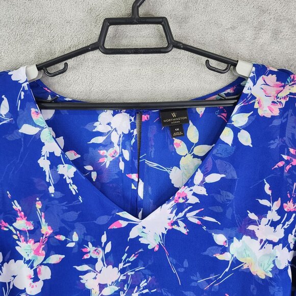 Women's Worthington Woman Floral Print Chiffon Blouse Sheer V Neck 3/4 Sleeve 1X - Picture 6 of 12